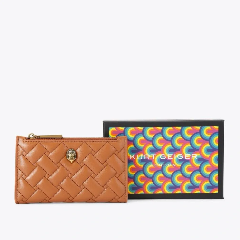 Kurt Geiger Tan Woven Leather Zip Card Pouch